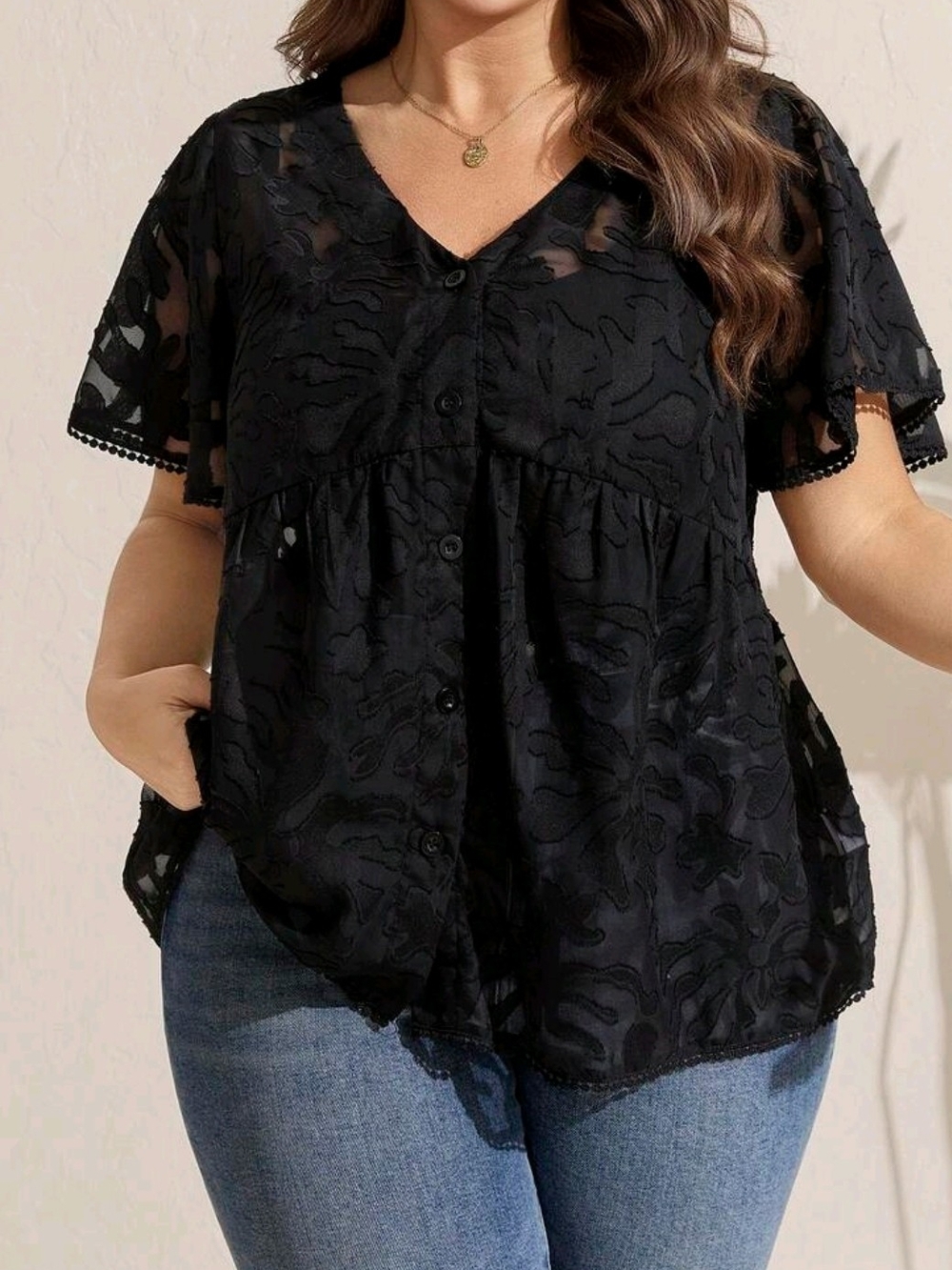 Black V-Neck Button Front Lace Blouse - Women
